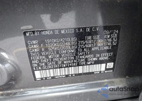 2025 Honda Hr-V 2Wd Lx из США, поврежденный, VIN 3CZRZ1H31SM724582